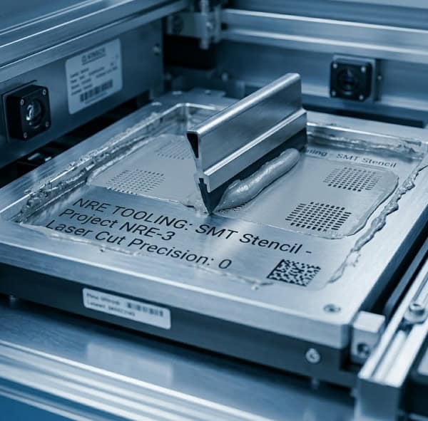 Solder paste printing process using a custom stencil, explaining what does NRE mean in production setup