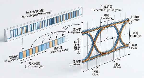 Technical 3D visualization explaining the process of slicing and overlapping digital data streams into an eye diagram