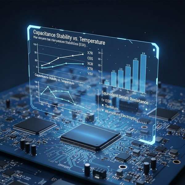 Technical chart comparing ESR and capacitance stability across different temperature ranges for PCB design.