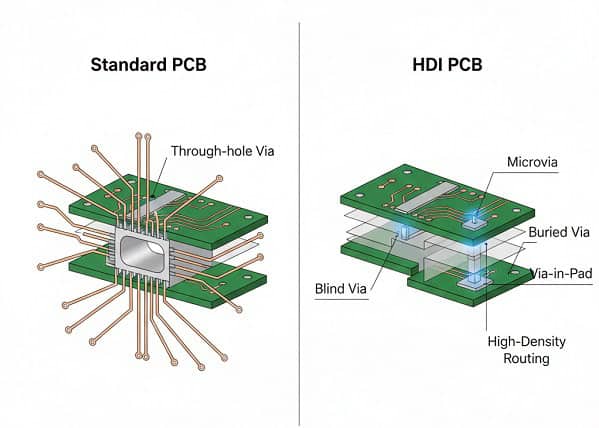 Technical comparison diagram between standard PCB via and HDI PCB microvia architectures