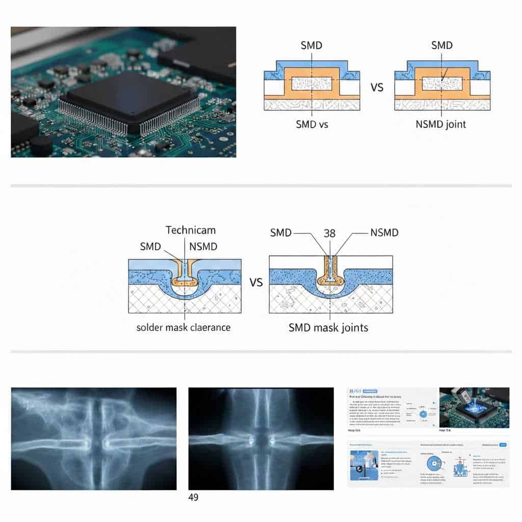 Technical comparison of SMD vs NSMD BGA pad designs including macro assembly view and X-ray inspection analysis
