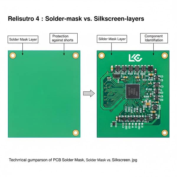 Technical diagram comparing PCB solder mask layer and silkscreen identification layer for B2B manufacturing.