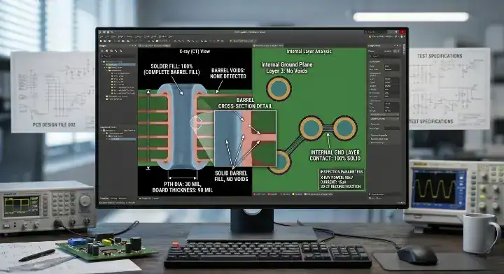 Through hole PCB assembly 3D X ray inspection monitor verifying IPC Class 3 internal barrel fill percentage cleanup
