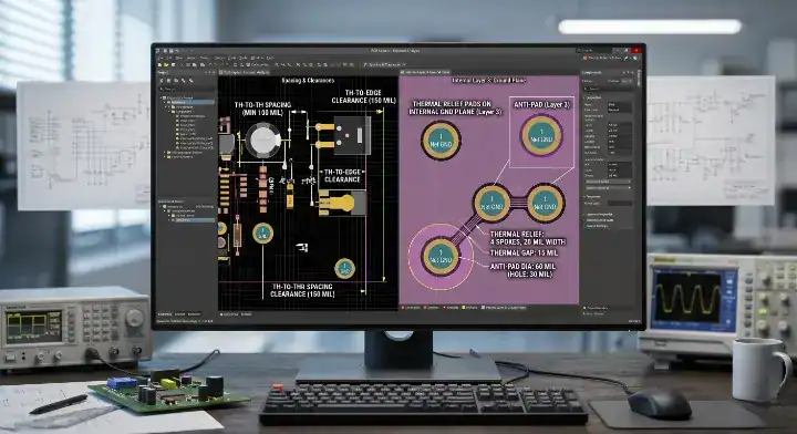 Through hole PCB assembly CAD software screen showing optimized DFM clearances and thermal relief pads cleanup