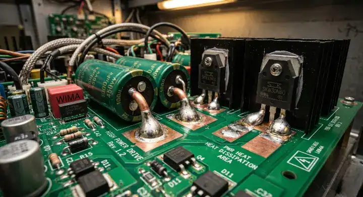 Through hole PCB assembly High power capacitors and transistors with thick solder joints for extreme current capacity cleanup