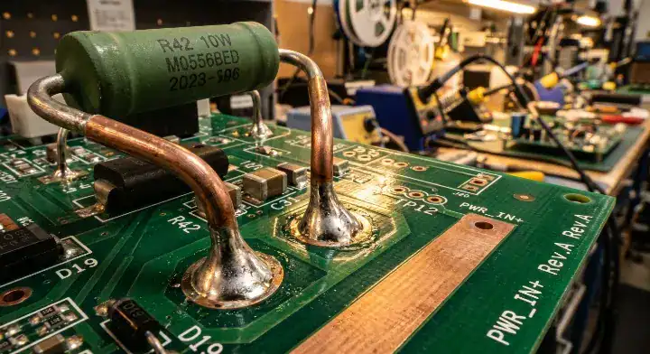 Through hole PCB assembly Macro view of heavy duty mechanical solder joints on an industrial circuit board cleanup