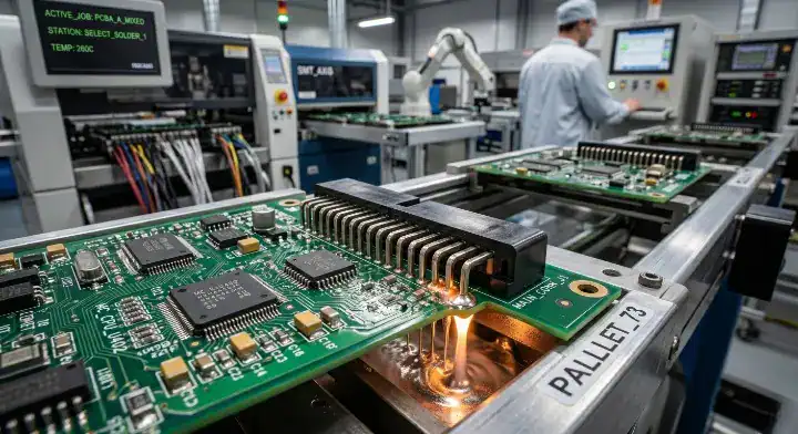 Through hole PCB assembly Selective soldering process protecting delicate SMT components on a mixed technology board cleanup