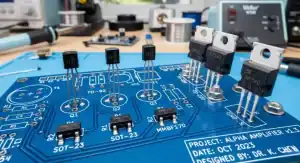 Transistor pinout guide showing TO 92, SOT 23, and TO 220 packages on a PCB blueprint
