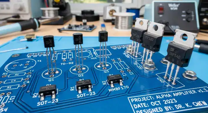 Transistor pinout guide showing TO 92, SOT 23, and TO 220 packages on a PCB blueprint