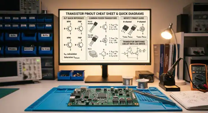 Transistor pinout reference cheat sheet chart on a computer screen in an assembly lab