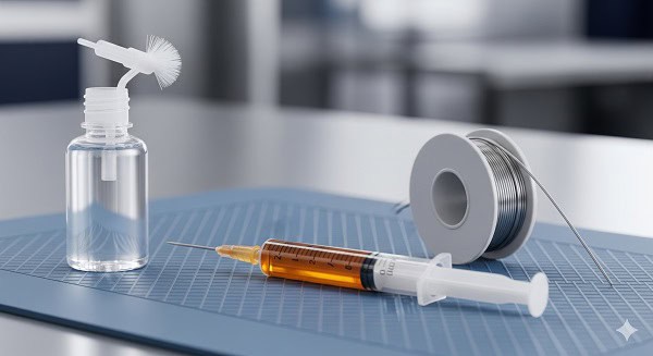 Various soldering flux types including tacky, liquid, and cored solder