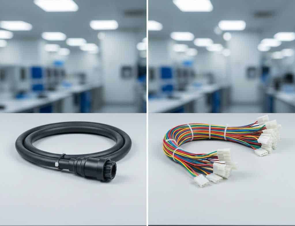 Visual comparison between a heavy-duty cable assembly and a flexible multi-color wire harness