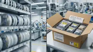 Visual comparison of turnkey vs consigned pcb assembly showing factory component reels versus a customer supplied parts box