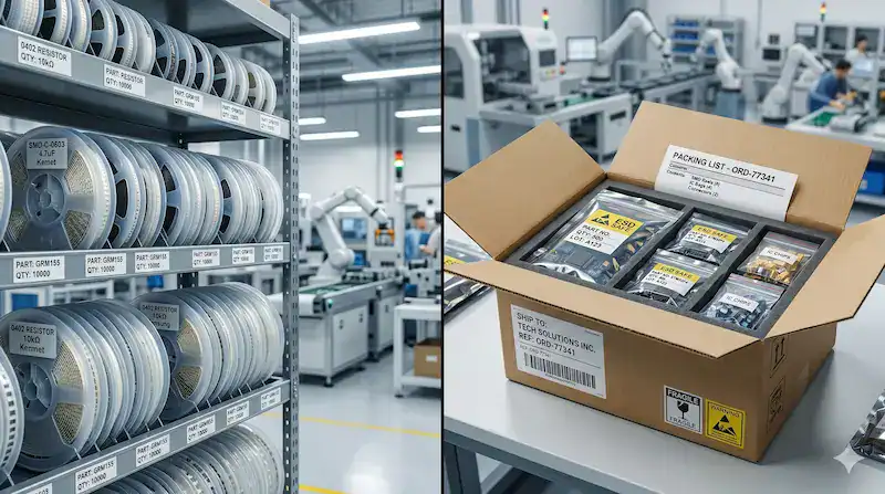 Visual comparison of turnkey vs consigned pcb assembly showing factory component reels versus a customer supplied parts box