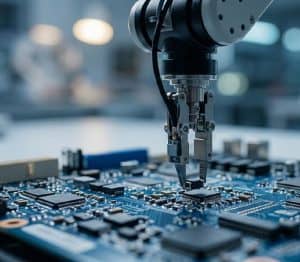 What does SMT mean A high tech robotic arm placing SMD components on a circuit board.