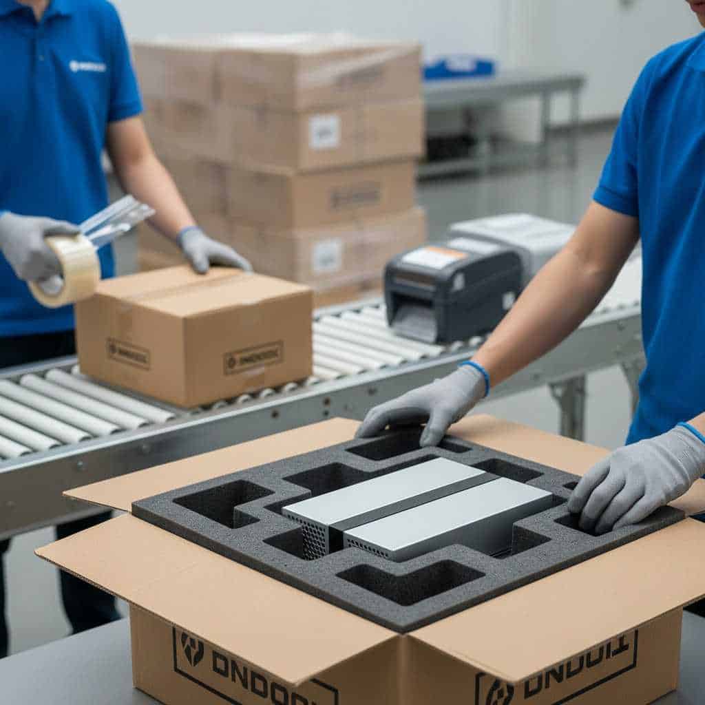 Shipping logistics for finished box build assembly using custom foam inserts and protective packaging