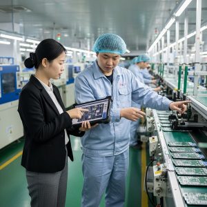 Professional discussion between a client and an engineer on a real EMS manufacturing shop floor