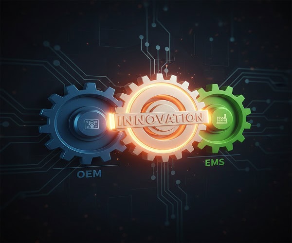 Conceptual gears representing innovation and synergy in the EMS manufacturing industry.