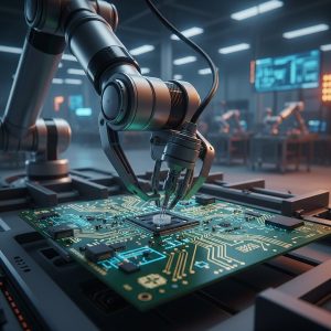 High-precision industrial robotics news today featuring a robotic arm assembling complex electronics.