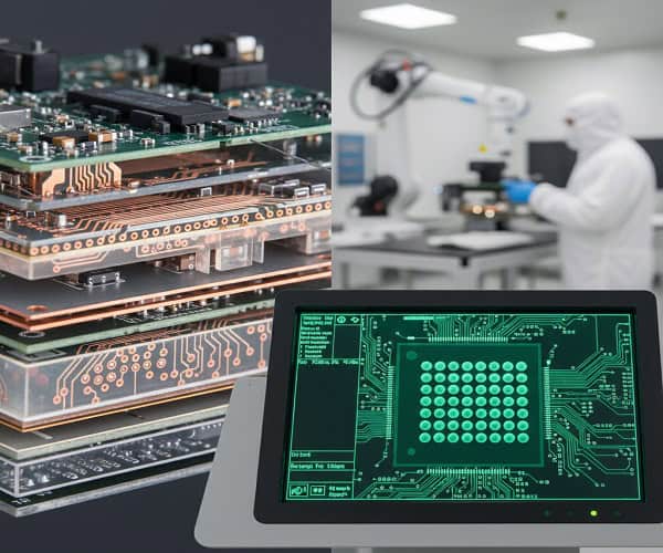 Microscopic view of HDI technology and microvias, a breakthrough in industrial robotics news today.