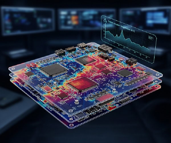 3D thermal analysis of a robot control board, a key focus in industrial robotics news today.