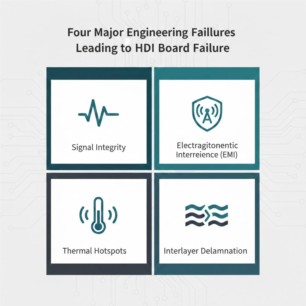 infographic showing four major engineering failures of HDI boards signal integrity, EMI, thermal hotspots, and delamination