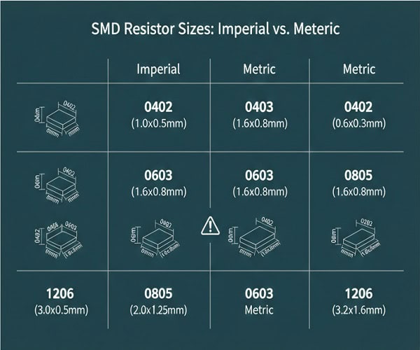 SMD sizes complete comparison chart for imperial and metric resistor codes