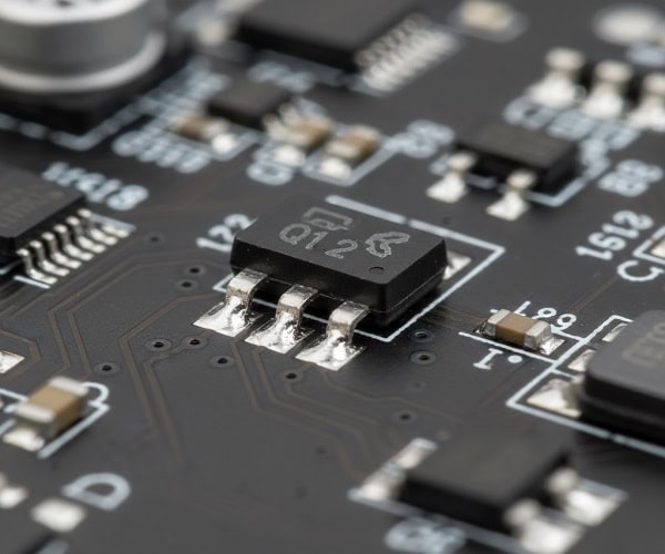 SMD sizes for SOT-23 transistors showing high-quality soldering on black PCB