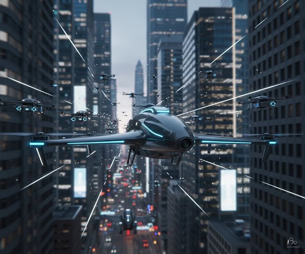 Autonomous drone taxi and swarm technology flying through a smart city skyline.