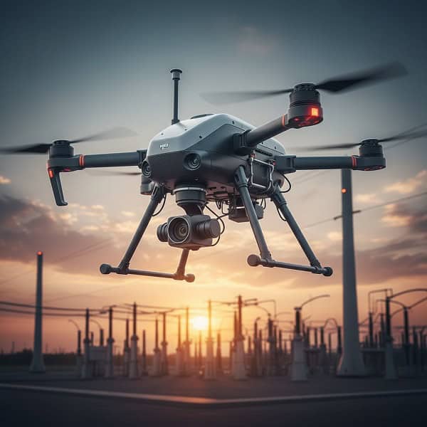 High-performance industrial technology of drones hovering over a power plant at sunset.
