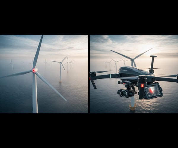 Advanced technology of drones performing automated inspection of offshore wind turbines.