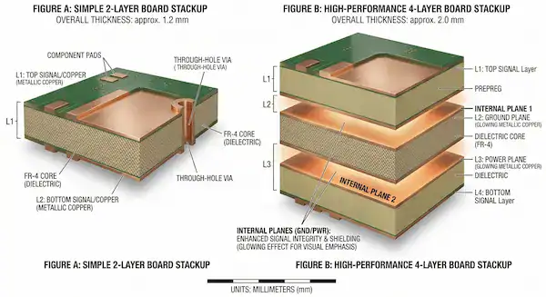 2 layer vs 4 layer PCB stackup and cost comparison infographic showing internal copper planes