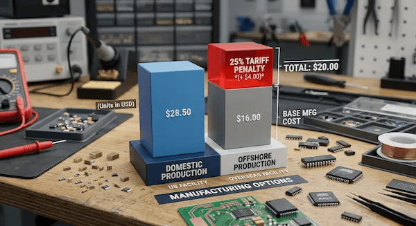 3D Bar chart showing the 2025 tariff impact on China vs USA PCB assembly total landed costs cleanup