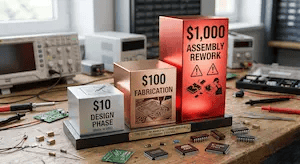 3D chart illustrating the 10x cost rule for fixing DFM PCB design errors cleanup