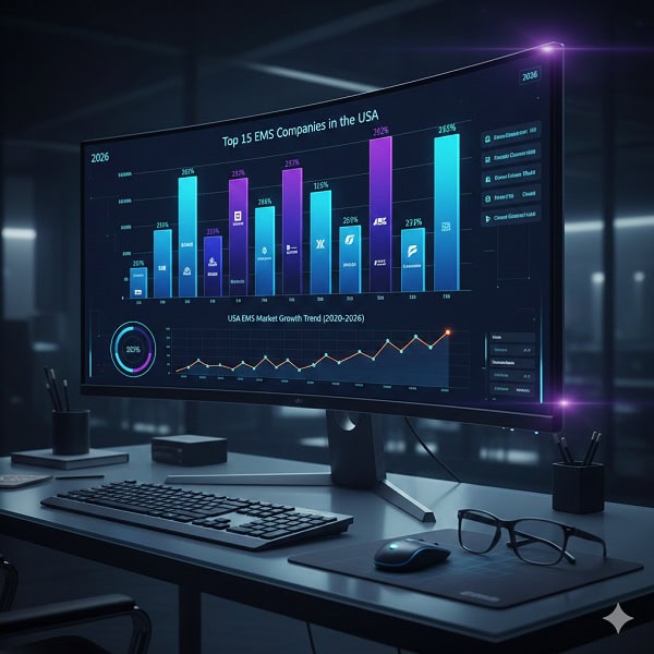 3D data chart displaying the market growth and rankings of the top 15 EMS companies in US for 2026
