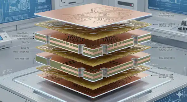 3D exploded view comparing uncured prepreg bonding layers and rigid core materials in a multilayer PCB stackup
