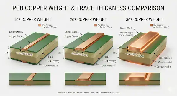 3D infographic showing PCB copper weight thicknesses for 1oz, 2oz, and 3oz and their current capacities