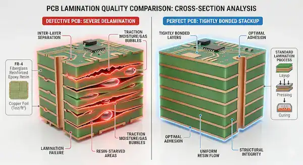 3D infographic showing PCB fabrication defects, comparing severe delamination against a perfect layer stackup (1)