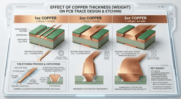 3D infographic showing PCB trace width limits based on 1oz, 2oz, and 3oz copper weights