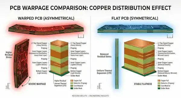3D infographic showing PCB warping causes from uneven copper distribution vs flat balanced stackup
