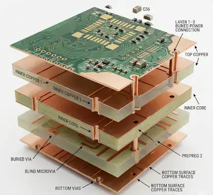 3D technical exploded view showing the internal copper layers of a multilayer pcb structure