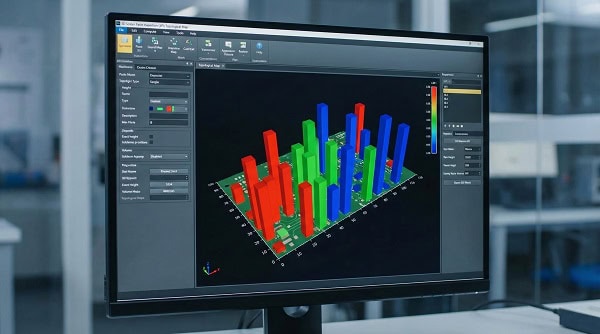 3D topological map on an SPI machine screen measuring soldering paste volume and height