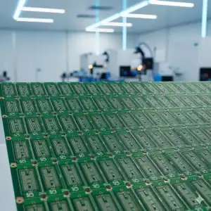A complete PCB panel with V scoring and tab routing ready for automated SMT assembly.
