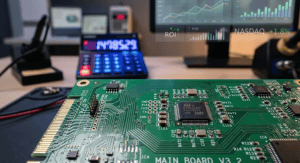 A complete guide to PCB fabrication cost breakdown, showing a printed circuit board and a calculator