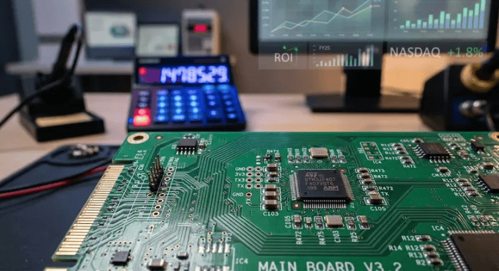 A complete guide to PCB fabrication cost breakdown, showing a printed circuit board and a calculator