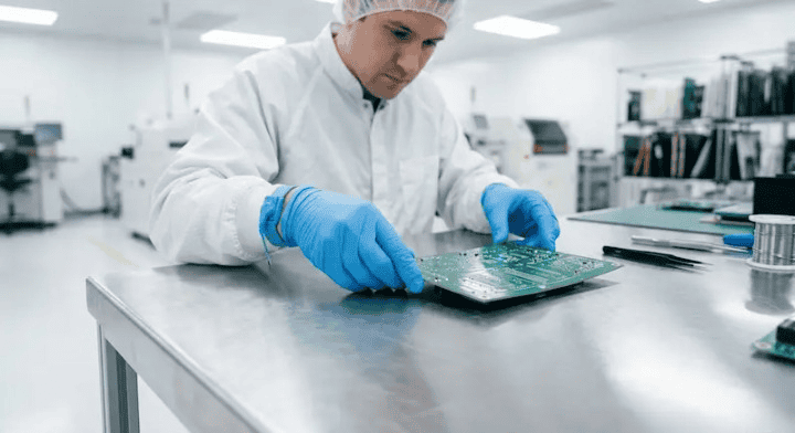A factory engineer inspecting the causes of a warped PCB on a flat workbench
