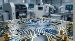 A futuristic high frequency circuit board made by a professional rogers pcb manufacturer, featuring complex gold traces.