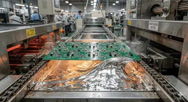 A green PCB panel moving through a molten wave soldering machine during manufacturing