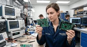 A hardware engineer comparing a 2 layer vs 4 layer PCB in a modern electronics lab