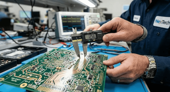 A hardware engineer measuring PCB trace width spacing on a high density circuit board